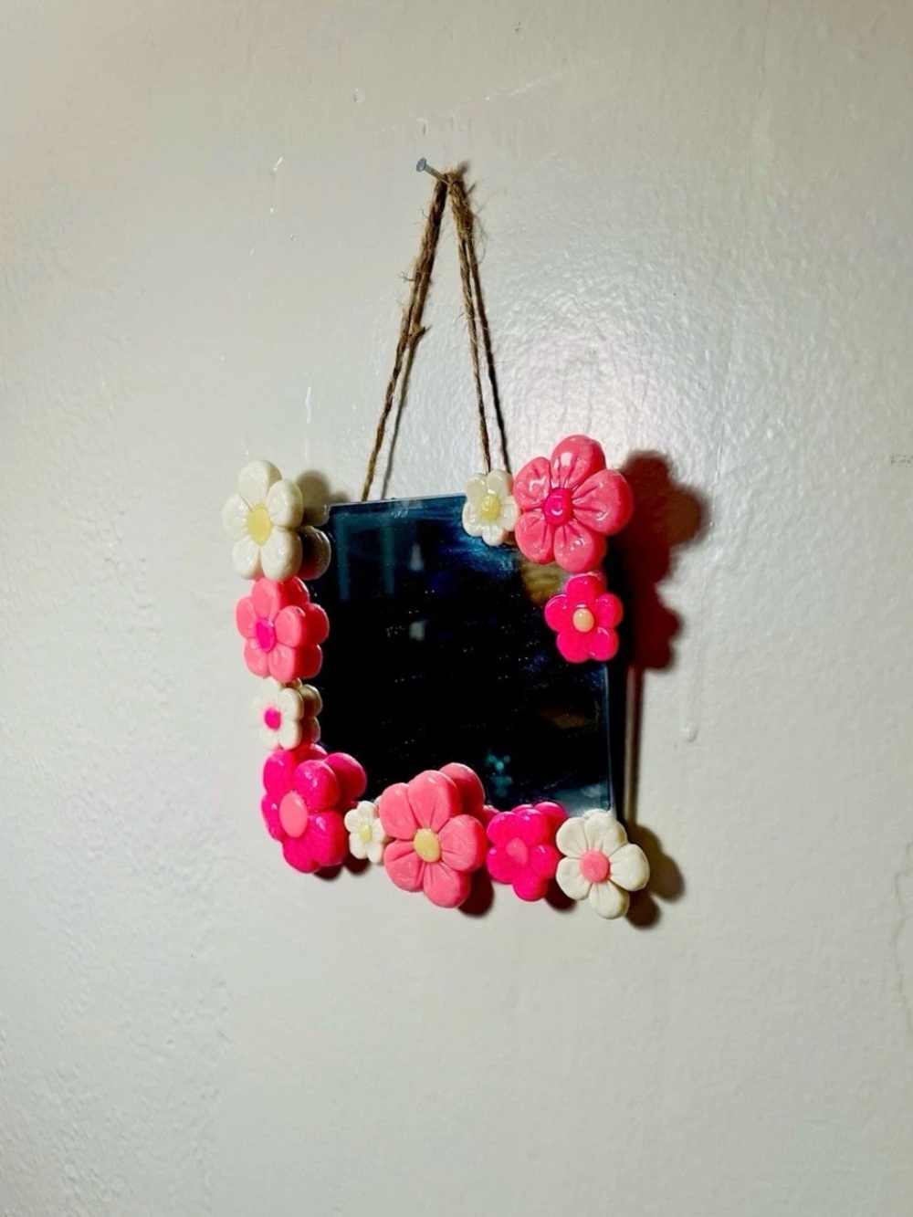 Handmade Mini Ceramic Pink Flowers Bordered Mirror 4X4in